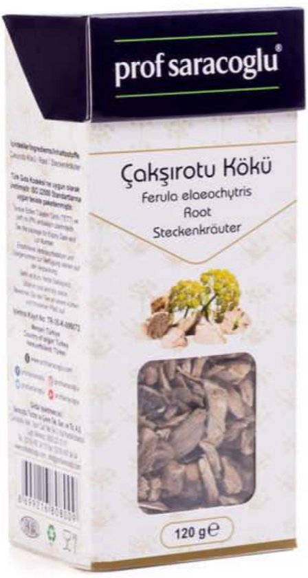 Prof Saracoglu Çökşirötu Kökü, gedroogde wortelstukjes in een doos van 120 gram.