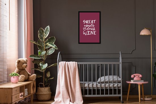Poster in lijst - Fotolijst 40x60 cm - Posters - Wijn quote "Great minds drink wine" met paarse achtergrond - Posterlijst zwart - Decoratie - Wanddecoratie woonkamer - Muurdecoratie slaapkamer