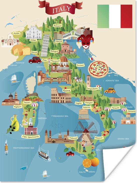 Poster Kaart Italië Illustratie 30x40 cm
