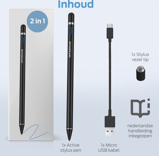 2-in-1 Active Stylus Pen – Touchscreen Pen  – Stylus Pen Tablet – Pencil – Geschikt voor Tablet, Smartphone en iPad - Zwart - Interhub®