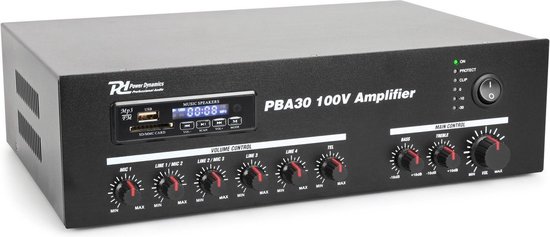 Power Dynamics PBA30 100V geluidsinstallatie met 4 zwarte weerbestendige 5 inch opbouw speakers
