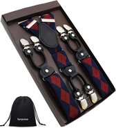 Sorprese – Luxe chique – heren bretels – blauw geruit met rood design – zwart leer– 6 extra stevige clips