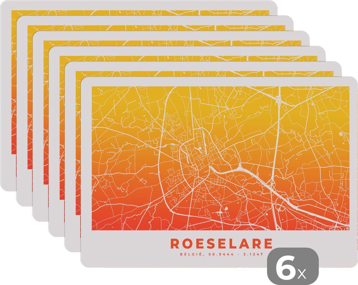 Placemat - Placemats kunststof - Stadskaart - Roeselare - België - Oranje - 45x30 cm - 6 stuks - Hittebestendig - Anti-Slip - Onderlegger - Afneembaar