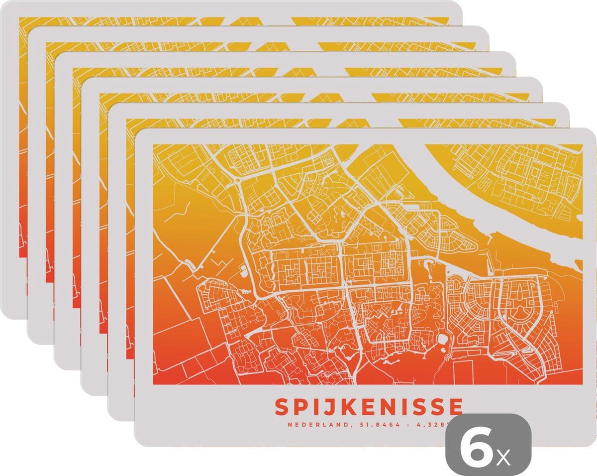 Placemat - Placemats kunststof - Stadskaart - Spijkenisse - Nederland - Geel - 45x30 cm - 6 stuks - Hittebestendig - Anti-Slip - Onderlegger - Afneembaar