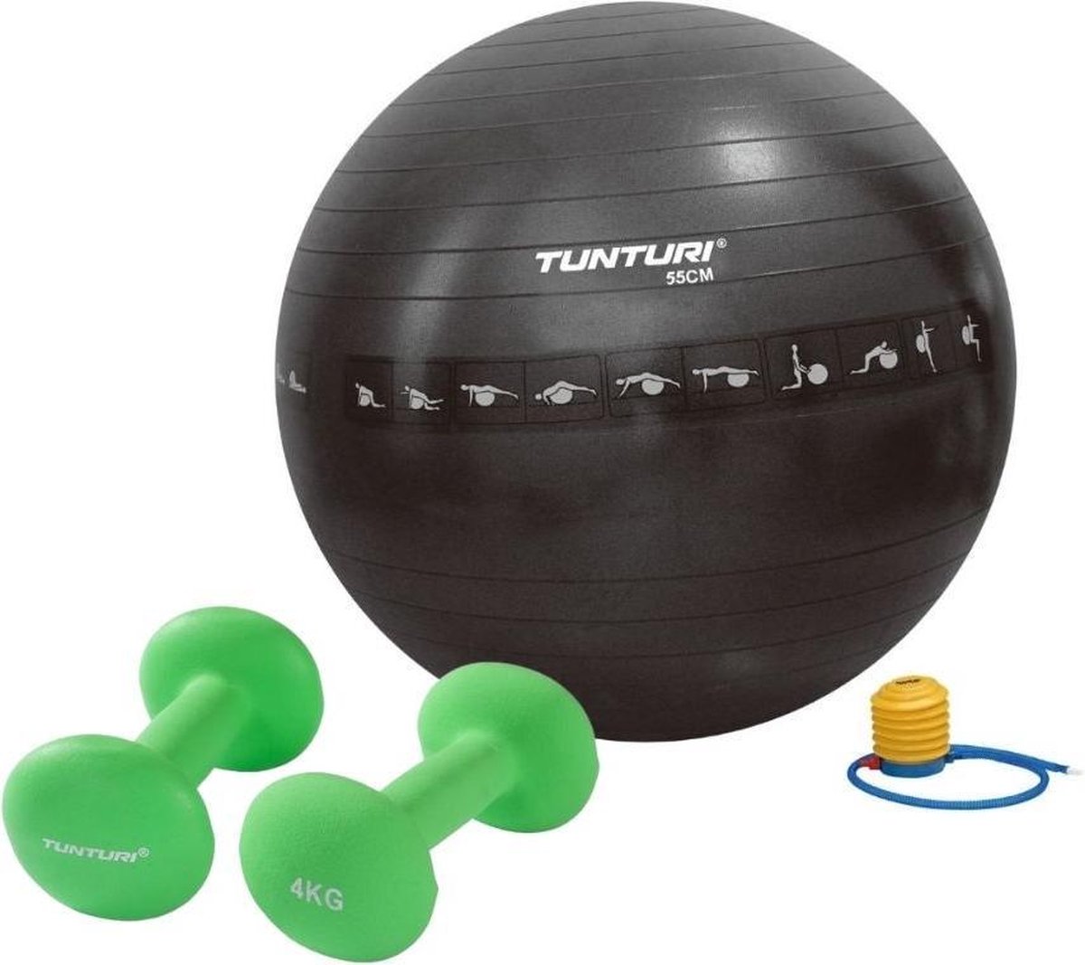 Tunturi - Fitness Set - Neopreen Dumbbellset 2 x 4 kg - Gymball Zwart met Anti Burst 55 cm