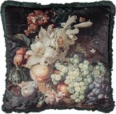 Clayre & Eef Sierkussen 45x45 cm Zwart Synthetisch Vierkant Bloemen en fruit Kussenhoes met Kussenvulling