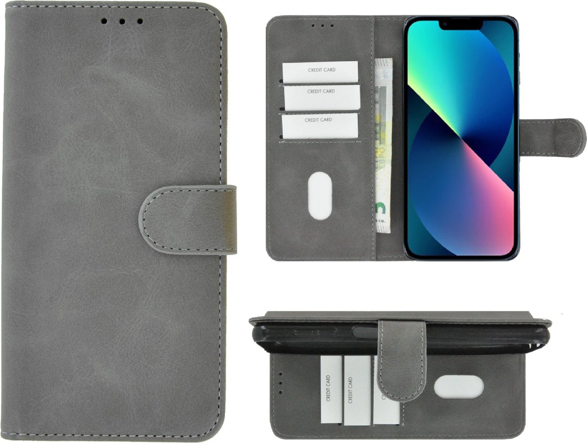 Geschikt voor iPhone 13 Hoesje - iPhone 13 Book Case Wallet Grijs Cover
