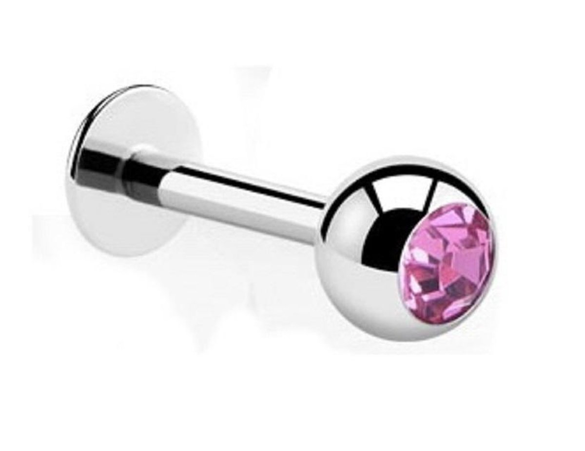 Titanium 6 mm Labret piercing 1,6 met 4 mm bal met een roze steentje. RH-Jewelry