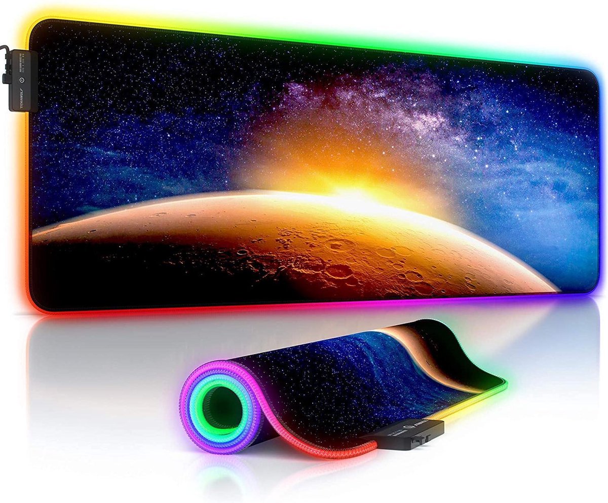 Titanwolf - RGB gaming muismat - LED bureauonderlegger - 800x300 mm - XXL muismat - LED Multi Color - 11 verlichtingsmodi - 7 LED-kleuren plus 4 effectmodi - afwasbaar - Stars and Mars