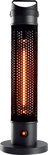 Zwarte staande infrarood heater met een gaasfront en een rode aan/uit knop.