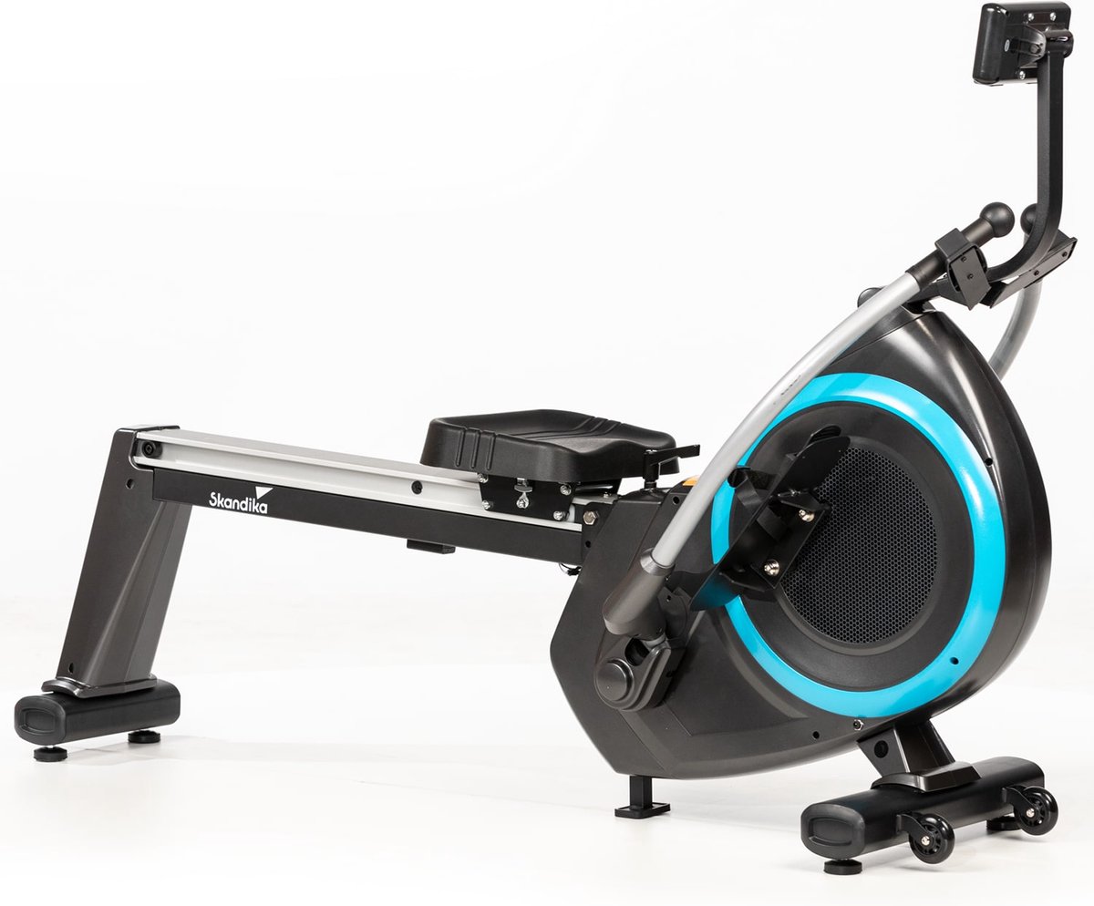 Skandika Nordlys Roeimachine – Roeimachine - Roeiapparaat voor een echt roeigevoel, kogelgelagerde zwenkarmen, inklapbaar, magneetrem, tablethouder, 16 niveaus, 21 programma's, trainingscomputer – Home fitness apparatuur – zwart blauw