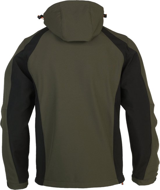 Donker kaki softshell jas met zwarte accenten op de mouwen en zijkanten. De jas heeft een capuchon.