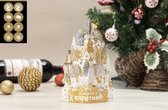 3D Pop up kerstkaart goud witte huizen op een sneeuwheuvel incl. 8 feestelijke sluitzegels
