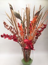 Een exclusieve grote boeket droogbloemen en orchidee van zijden bloemen/  oranje mixed colour 95cm / stylvol en luxe/ eyecatching/ bouquet from dried flowers combine with silk flowers/ gedroo