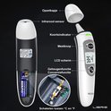 Zijaanzicht van een witte thermometer, met de kap eraf. Pijlen wijzen naar de infrarood sensor, meetknop, LCD scherm. Achteraanzicht toont batterijcompartiment. Tekst: 'Schakelen tussen °C en °F'.