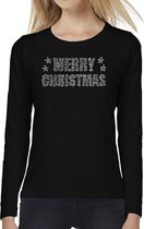 Glitter kerst longsleeve shirt zwart Merry Christmas glitter steentjes/ rhinestones voor dames - Shirts met lange mouwen - Glitter kerst shirt/ outfit M