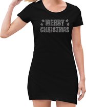 Glitter kerst jurkje zwart Merry Christmas glitter steentjes/ rhinestones voor dames - Glitter kerst jurk/ outfit L