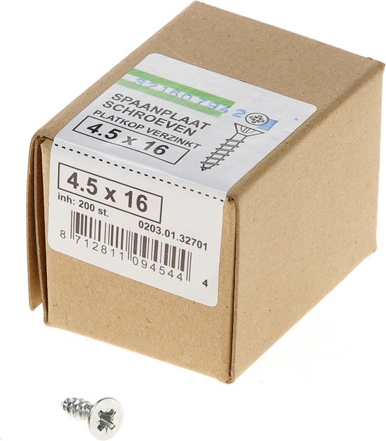 Hoenderdaal Spaanplaatschroef verzinkt platverzonken kop PZ2 voldraad 4.5X16 (per 200 stuks)