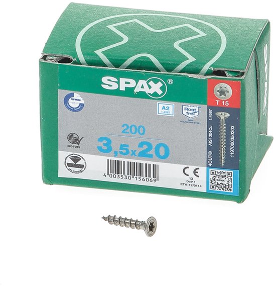 Boîte verte SPAX avec 200 vis 3,5 x 20mm. Une vis est posée devant.