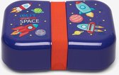 Blauwe lunchtrommel / koektrommel / broodtrommel 'space' met raketten, planeten en sterren (meeneem box voor kinderen, lunch buddies)