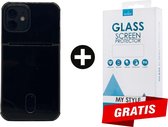 Crystal Backcase Transparant Shockproof Met Pasjeshouder Hoesje iPhone 12 Zwart - Gratis Screen Protector - Telefoonhoesje - Smartphonehoesje