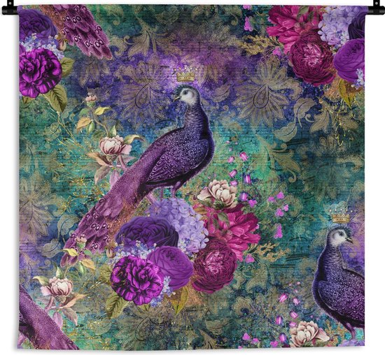 Tenture murale - Tissu mural - Motifs - Paon - Violet - 90x90 cm - Tapisserie