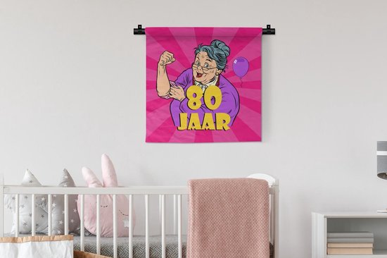 Wandkleed - Wanddoek - Verjaardag - Jubileum - Vrouw - 80 Jaar - 60x60 cm - Wandtapijt