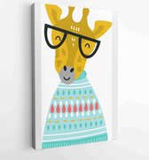 Leuke handgetekende kinderkamerposter met cartoon cool girafdier met bril en gebreide trui. Vectorillustratie in Scandinavische stijl. - Moderne schilderijen - Verticaal - 11406630