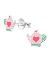 Joy|S - Zilveren theepot oorbellen - 8 mm - met roze hartje