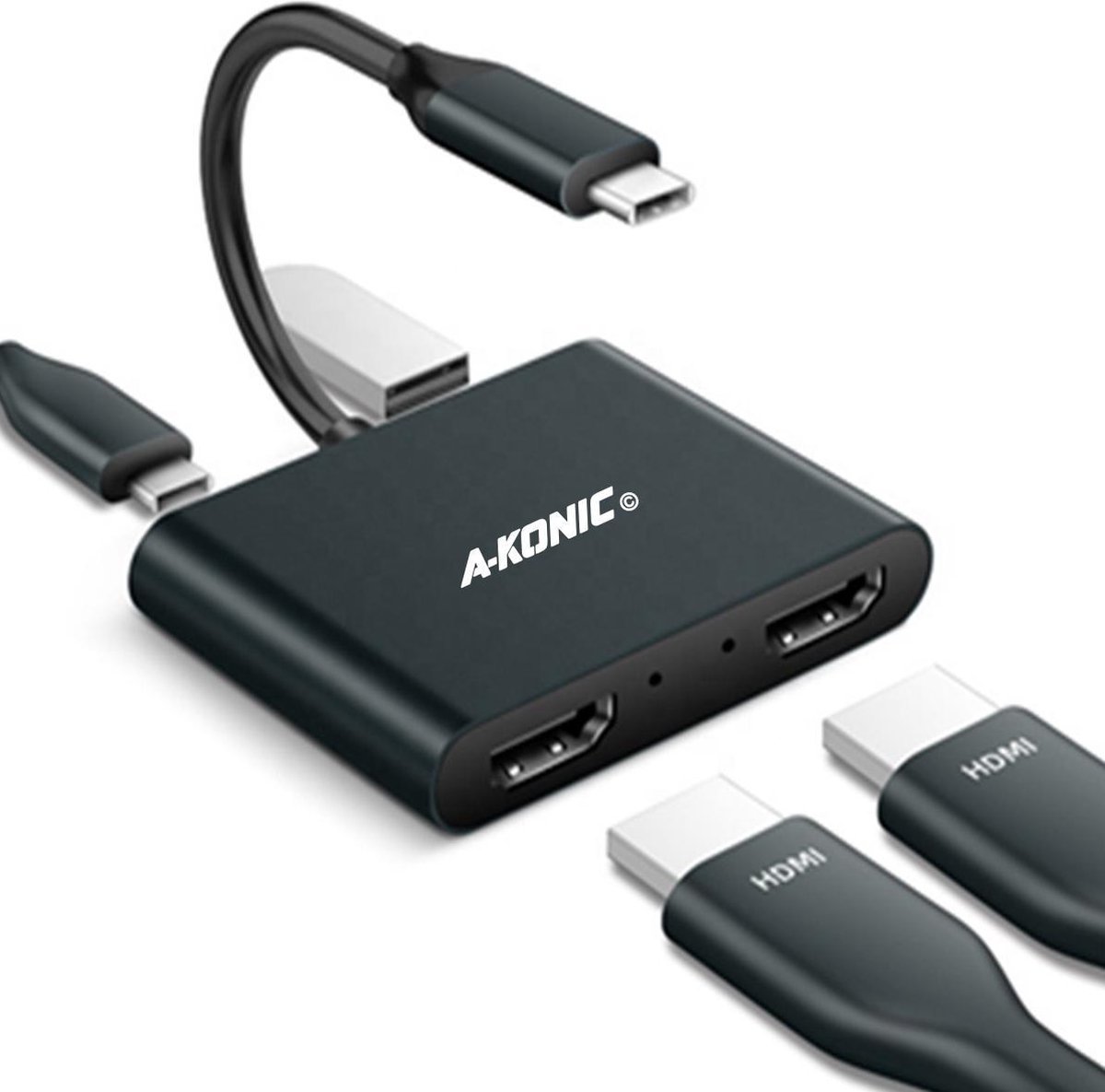 A-KONIC© 4-in-1 USB-C naar 2X HDMI, USB-C en USB 3.0 Docking station - 4K DUAL HDMI HUB - Zwart