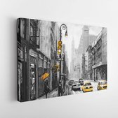 Olieverf op doek, straatbeeld van New York, vrouw onder een paraplu, gele taxi, modern kunstwerk, Amerikaanse stad, illustratie New York - Modern Art Canvas - Horizontaal - 697213858 - 50*40 