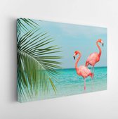 Vintage en retro collagefoto van flamingo's die in helderblauwe zee staan ​​met zonnige hemel met wolk en groene kokospalmbladeren op de voorgrond. - Moderne kunst canvas - Horizon