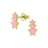 Joy|S - Zilveren ster oorbellen - 3 sterren roze - 14k goudplating
