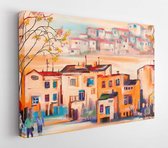 Onlinecanvas - Schilderij - Mensen In Klein Europees Dorp Art Horizontaal Horizontal - Multicolor - 50 X 40 Cm