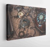 Vintage horloge, pistool, vergrootglas en telefoon op wereldkaart - moderne kunst canvas - horizontaal - 1164561118 - 40*30 Horizontal