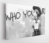 Digitale kunst schilderij van kale punk haar jongen staande voor geschilderde muur, acryl op canvas textuur - Modern Art Canvas - Horizontaal - 1448864414 - 50*40 Horizontal