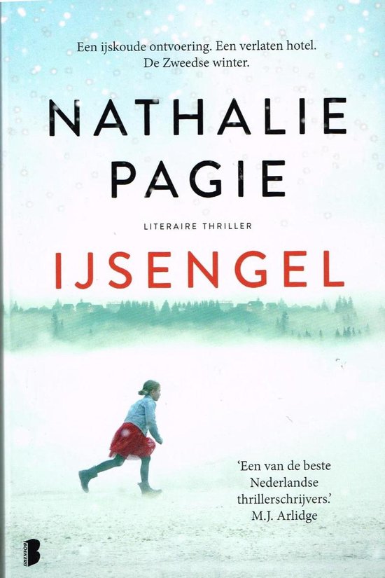 Boekcover met de titel 'IJsengel' van Nathalie Pagie. Een meisje met rode rok en blauwe jas rent op besneeuwde ondergrond. Winterse sfeer met besneeuwde bomen.