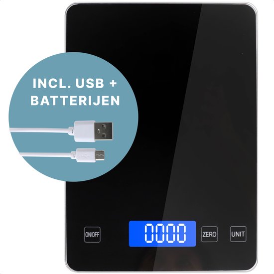 Balance de cuisine - Numérique - Rechargeable - Incl. Câble USB et Piles - Fonction Tare - 2 gr à 10 kg - Zwart