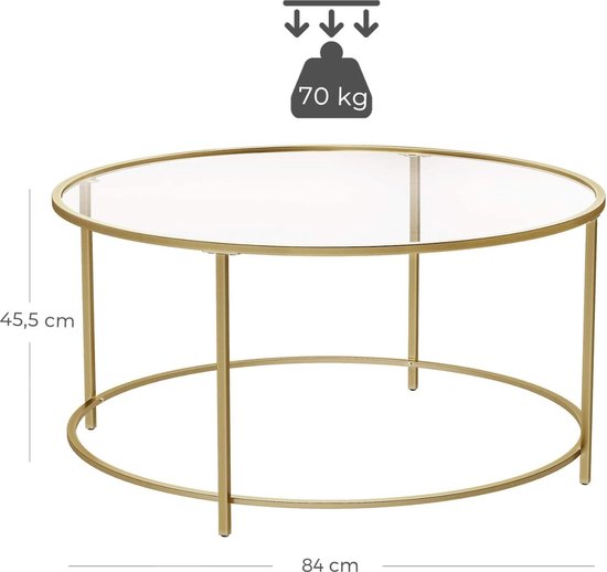 Hoppa! Salontafel Rond - Goudkleur - Glas/Metaal - 84x84x45,5