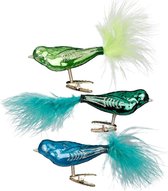 Set van 8 - Blauwe en Groene Kerstboomdecoratie Vogeltjes op een clip - 8 cm