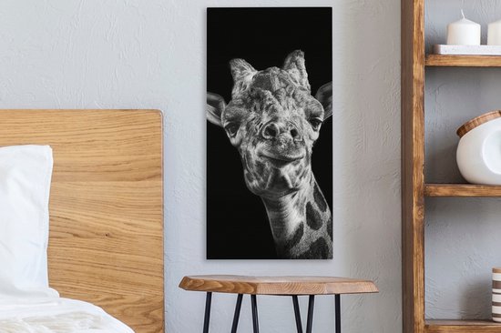 Peinture sur toile Girafe - Animal - Zwart - Wit - 20x40 cm - Décoration murale