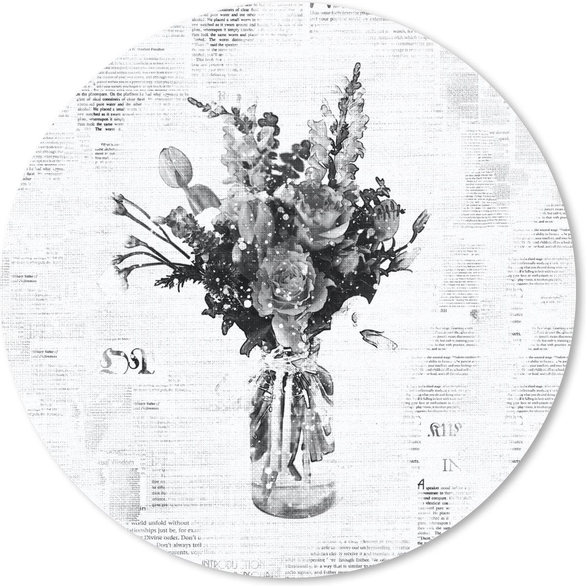 Muismat rond 20x20 cm - Mousepad Vaas - Bloemen - Krant - Zwart - Wit - Ronde muismatten