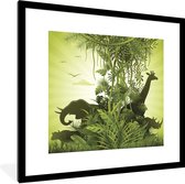 Photo encadrée - Illustration verte de l' Afrique avec cadre photo animaux sauvages noir avec passe-partout blanc 40x40 cm - Affiche encadrée (Décoration murale salon / chambre)