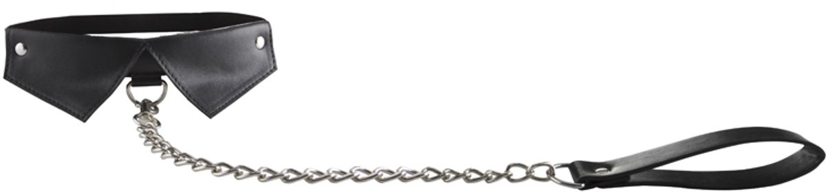 Ouch! Exclusieve Lederen Halsband met Kraagje en Schakelriem met Lus – Zwart