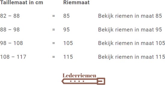 Tableau des tailles: taille de ceinture en cm 82-88 est 85, 88-98 est 95, 98-108 est 105, 108-117 est 115.