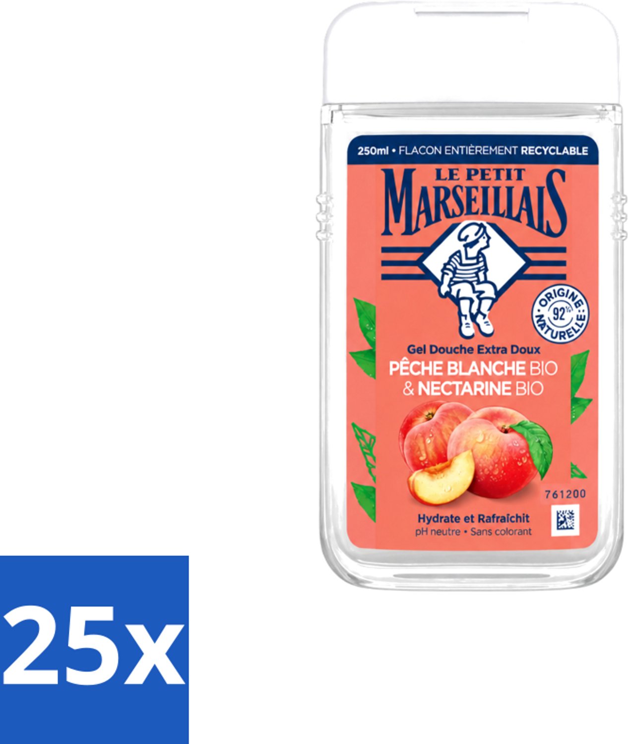 25 x Le Petit Marseillais – Douchegel – Pêche Blanche & Nectarine Bio – 250 ml - Voordeelverpakking - 25 stuks