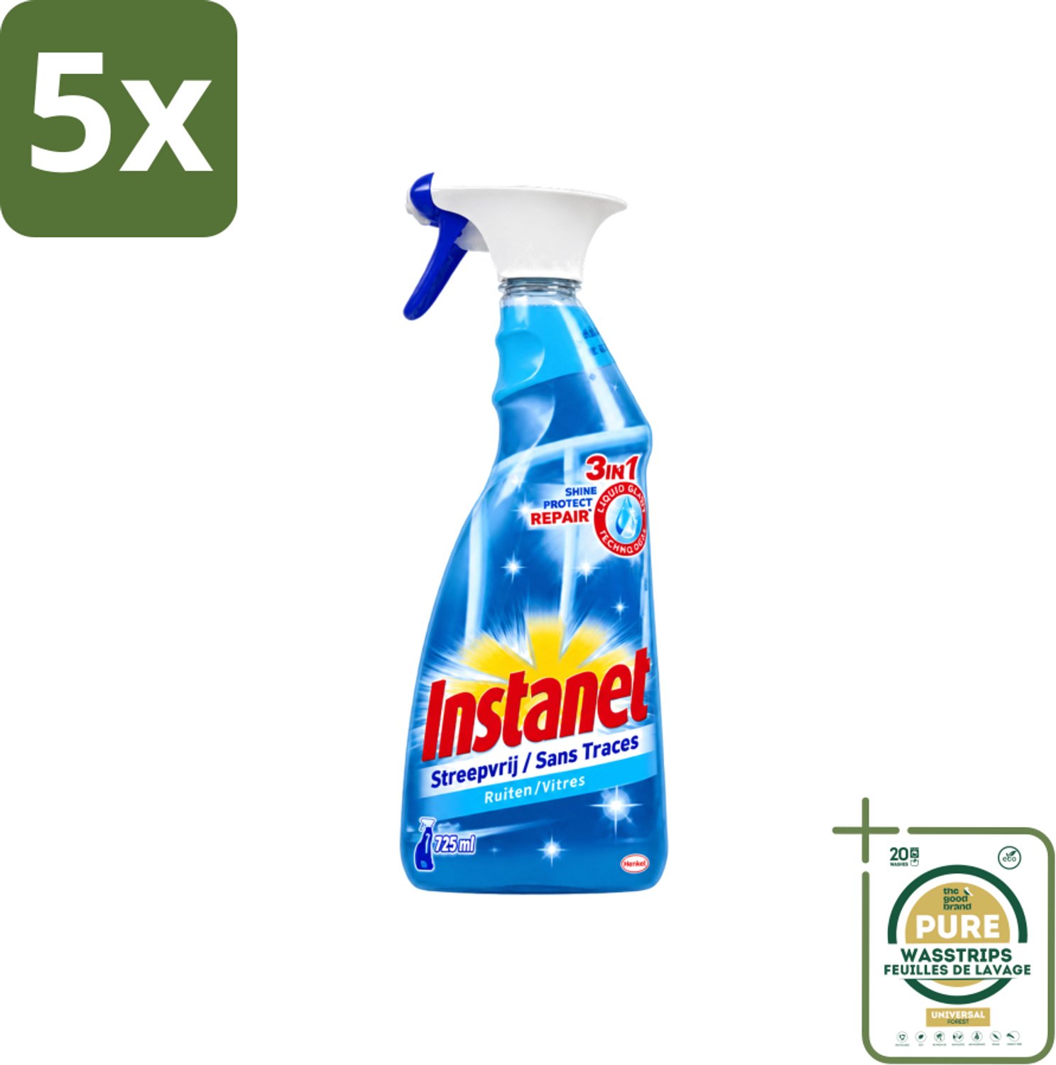 5 x Instanet - Ruitenreiniger - Streepvrij - 3in1 Spray - 725 ml - Wasstrips - Ruitenreiniger - Streepvrije Ruiten - Ruiten Reinigen - Ruiten Reinigingsalcohol - 3-in-1 Ruitenreiniger