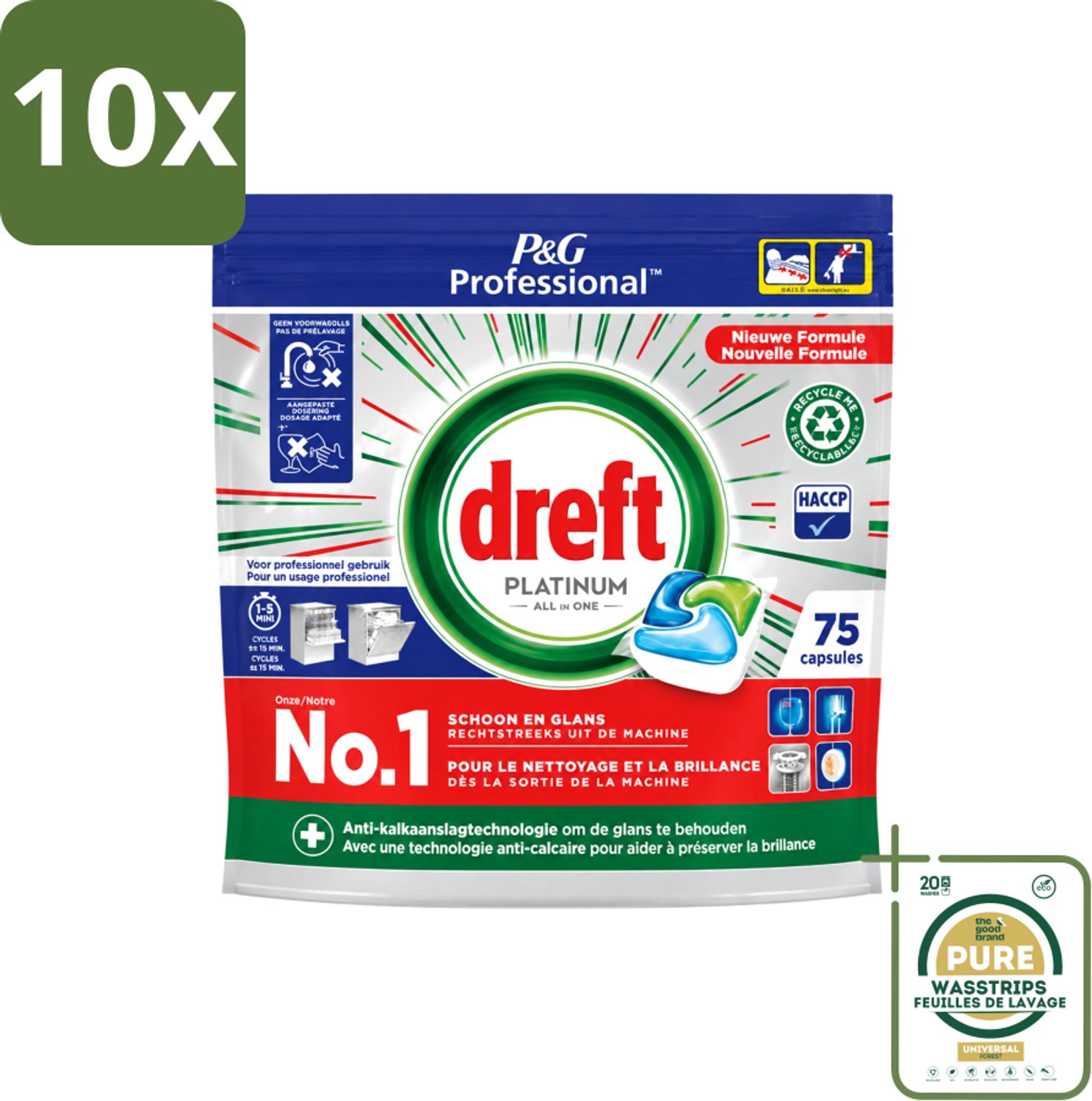 10 x Dreft Professional - Platinum - All In One - Vaatwascapsules - 75 Afwasbeurten - Wasstrips - Vaatwassen - Vaatwasser Reinigen - Vaatwassen Capsules - Vaatwassen Kracht - Vaatwassen Glans