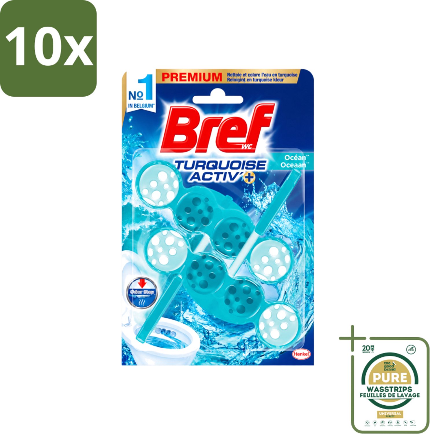 10 x Bref WC - Turquoise Activ+ - Toiletblok - Oceaan - 2 Blokken - Wasstrips - Toilet - Toiletblok - Oceaanfrisheid - Reiniging - Anti-kalk