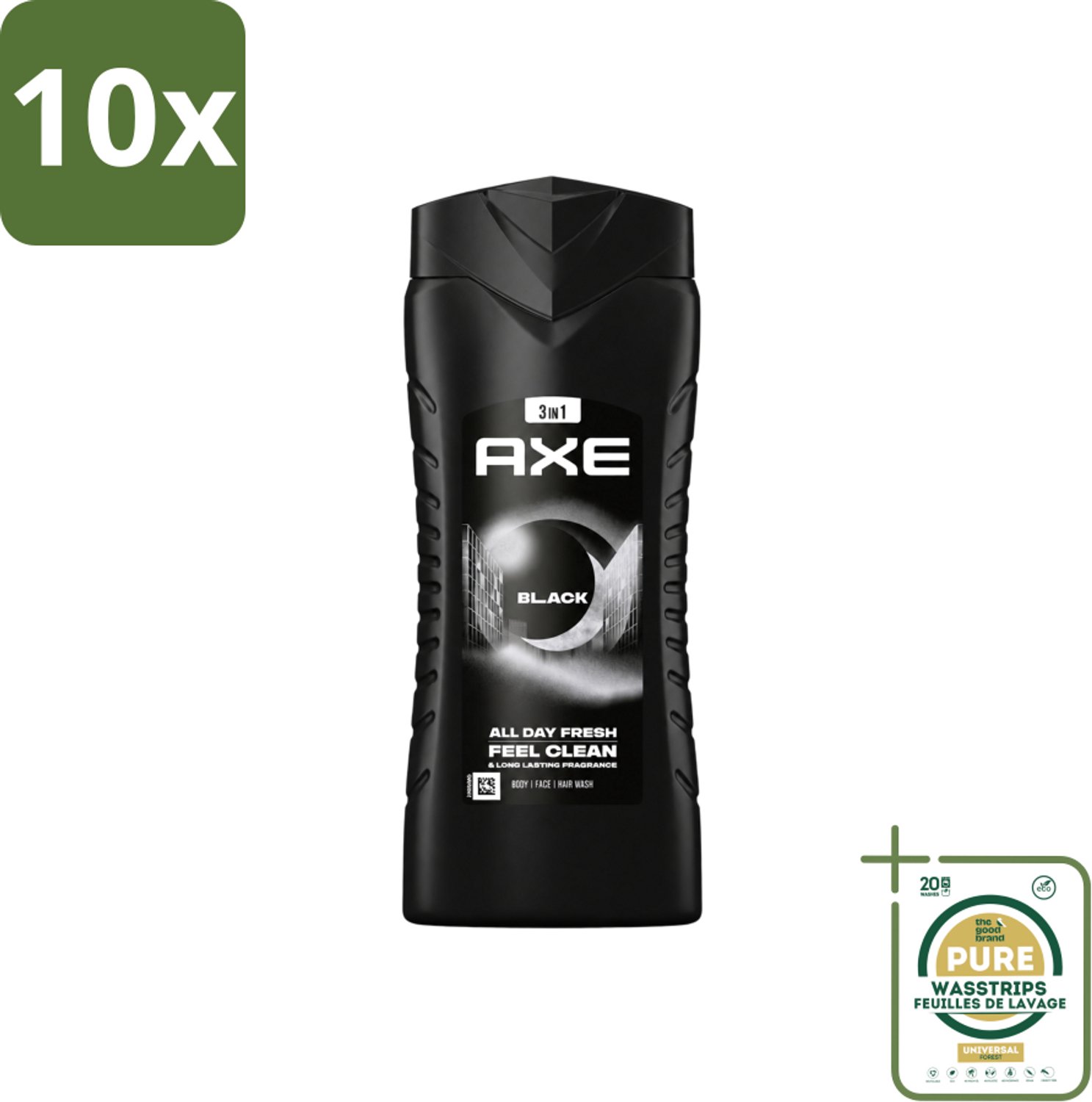 10 x Axe XL - 3-in-1 Douchegel - Black - Frozen Pear & Cedarwoord - 12hrs Long Lasting Scent - 400 ml - Wasstrips - Douchegel - Lichaam - Gezicht - Haar - Frisheid